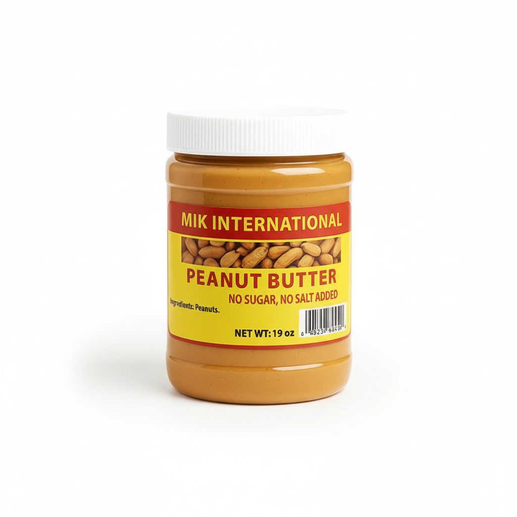 Jar of Mik International peanut butter on a white background