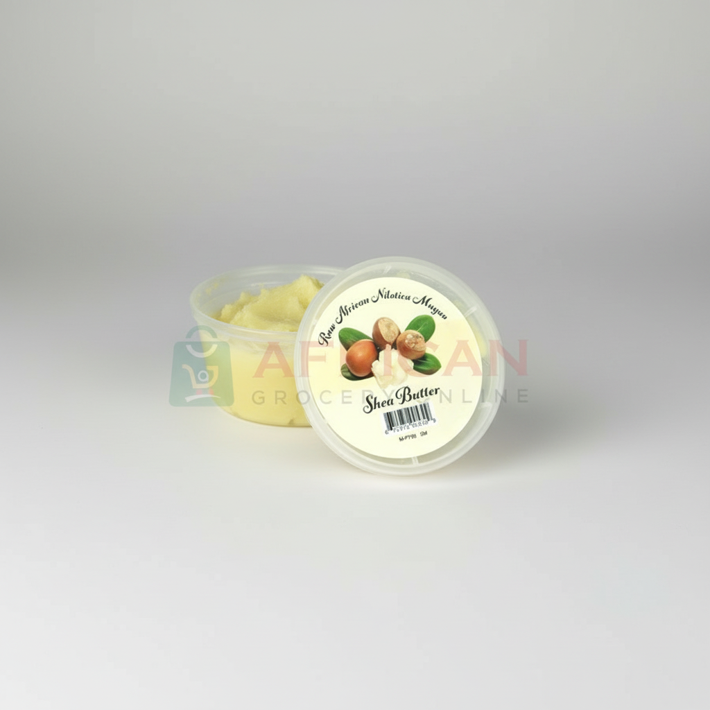 A top view of a container of AFRICAN SHEA BUTTER, with the brand name and product details visible on the label.