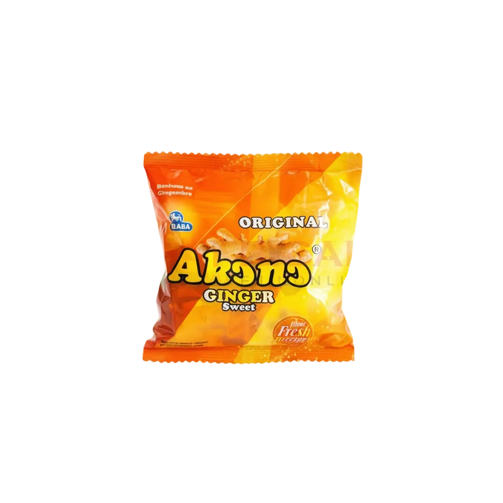 A pack of AKANO Ginger candy in a bright orange bag with a clear display of the product name and flavor.