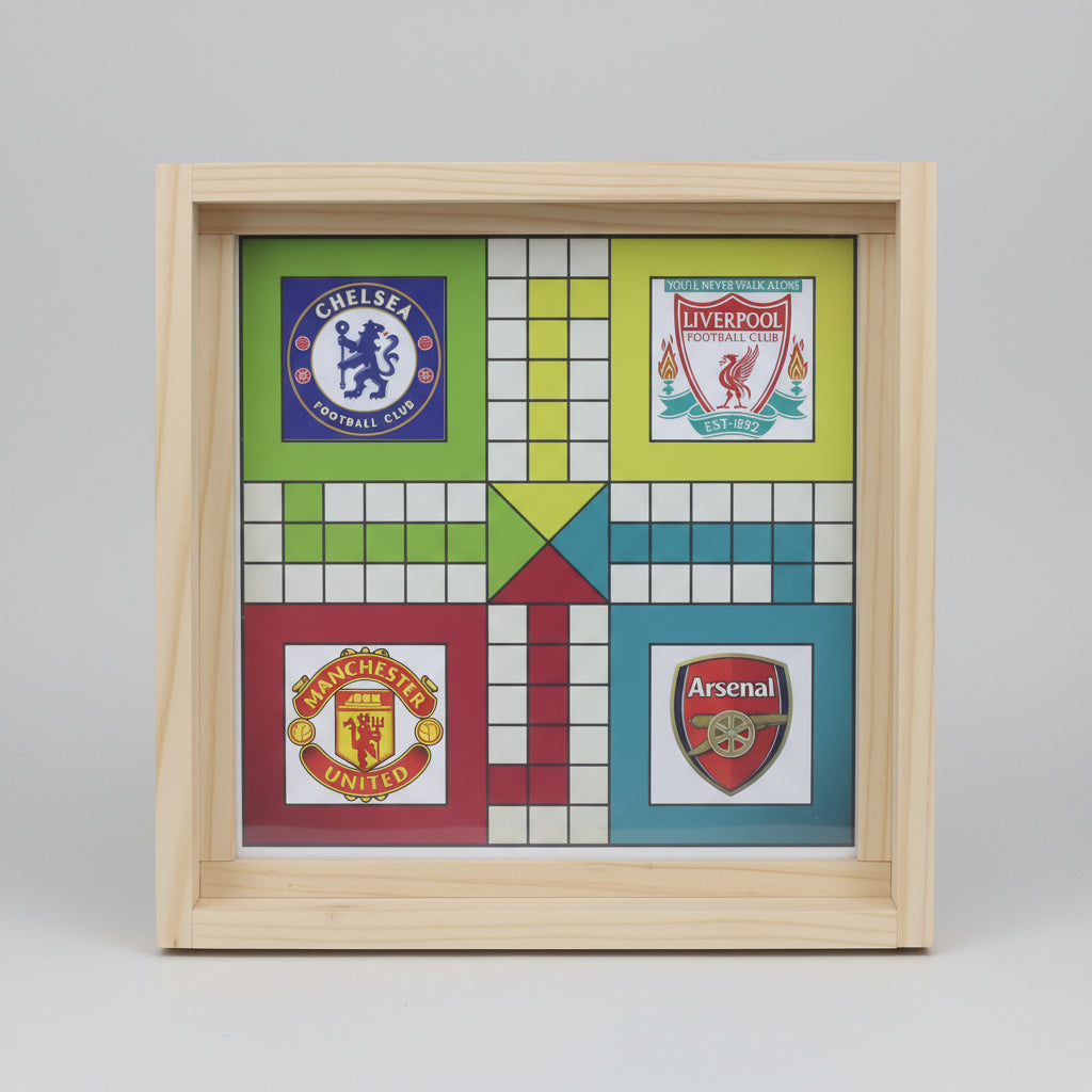 Board game with football club logos on a wooden frame