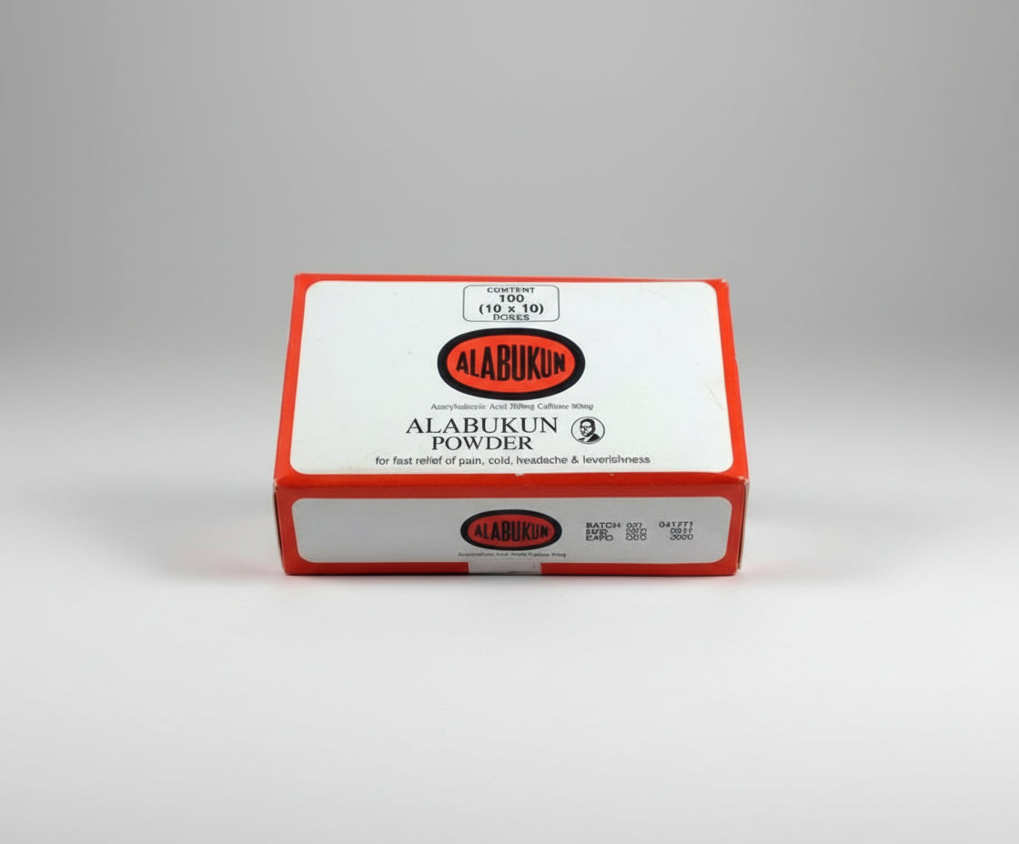 Box of Alabukun Powder with red and white design on a white background