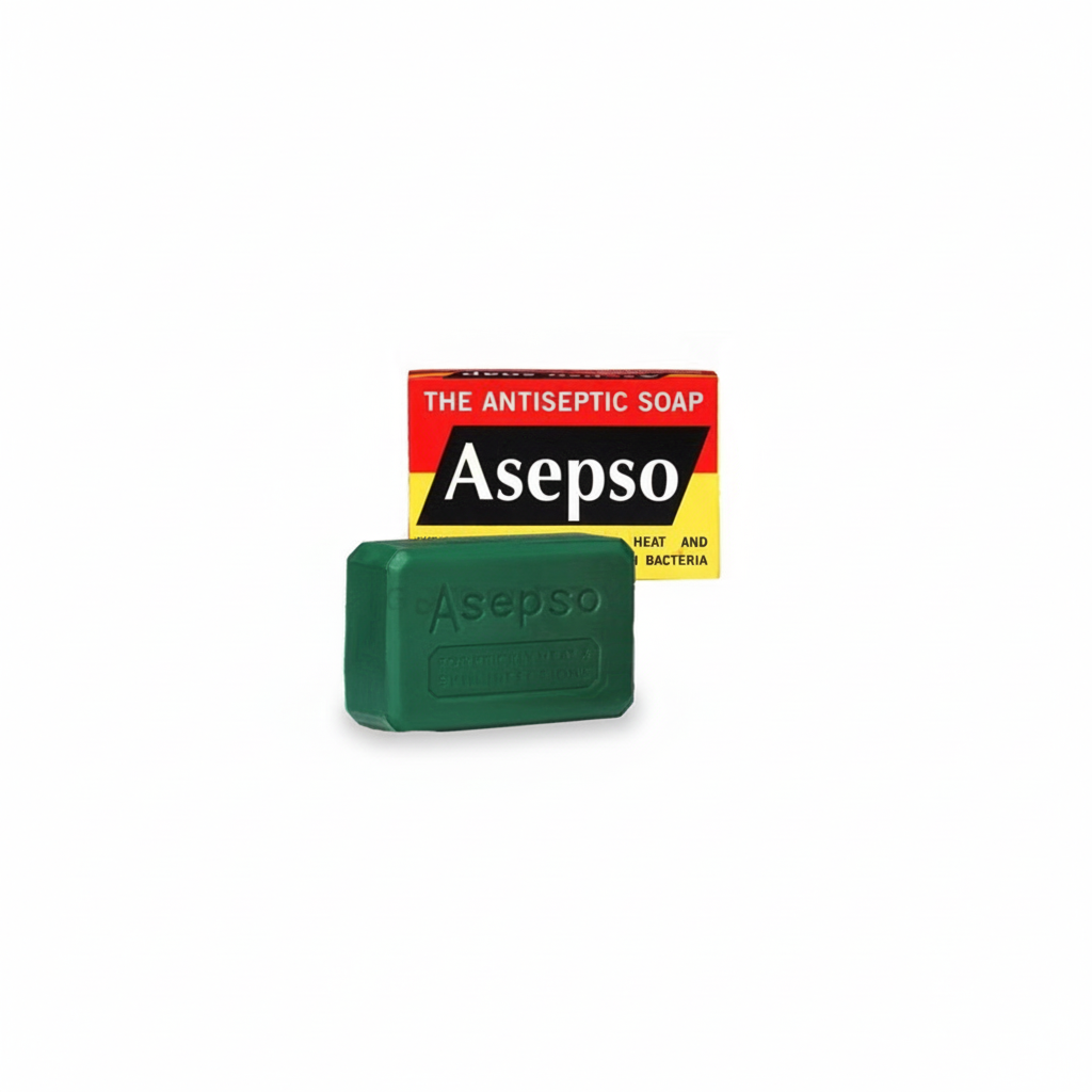 A bar of Asepso soap next to its packaging box with the brand name and 'The Antiseptic Soap' text visible.
