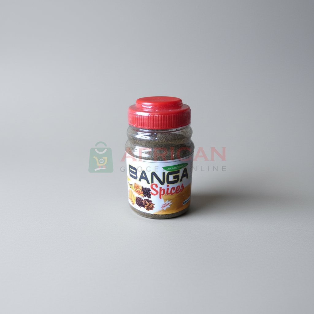 A plastic jar of BANGA MIX SPICE with a red lid, featuring a label with product information.