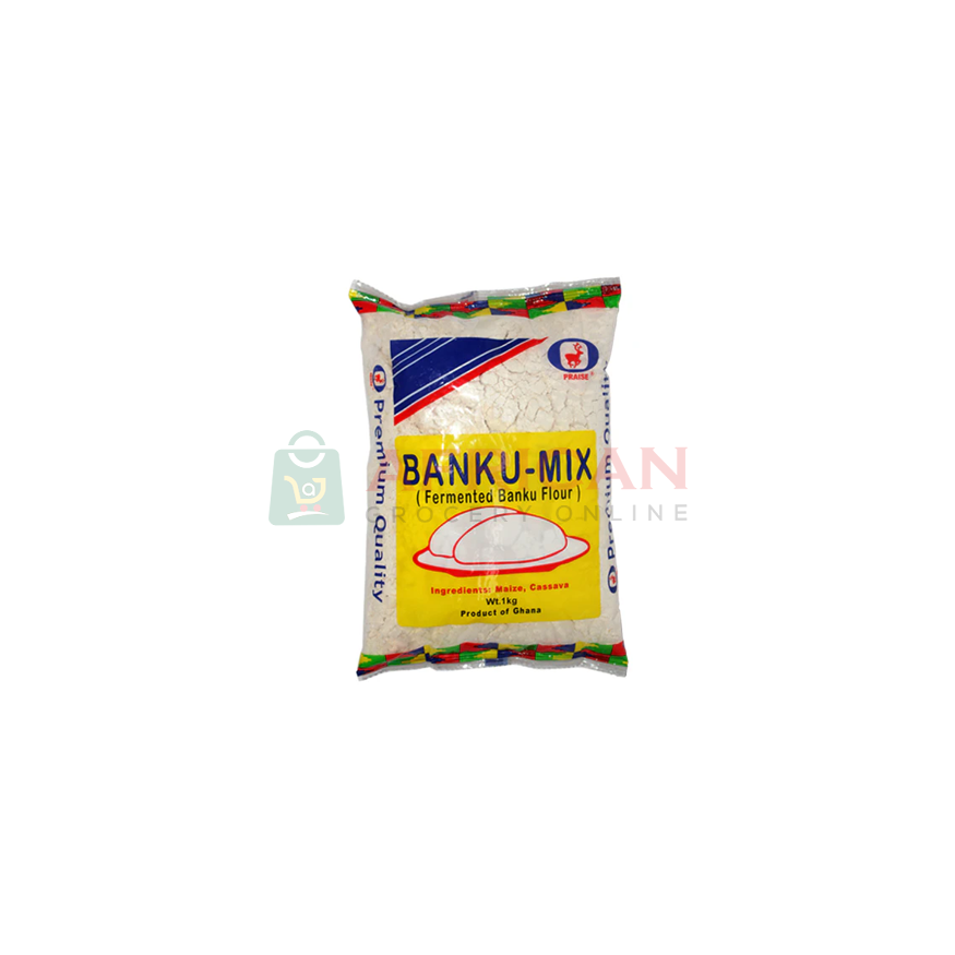A package of BANKU MIX fermented banku flour weighing 1KG, with branding and product information displayed on the label.