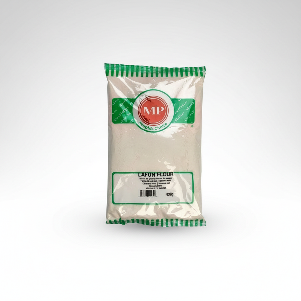 A packaged product of Bloamed Lafun Flour, weight indicated as 1kg, with branding and product information visible on the packaging.