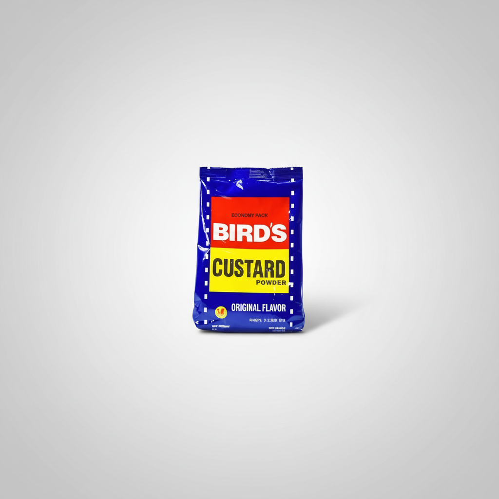 A package of Bird's Custard Powder against a white background, with the brand name and 'Original Flavor' indicated on the packaging.