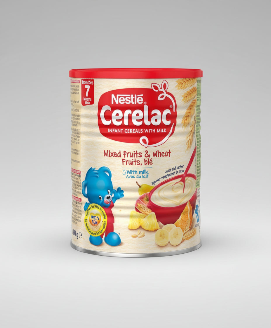 Nestle Cerelac mixed fruits and wheat infant cereal canister on a white background