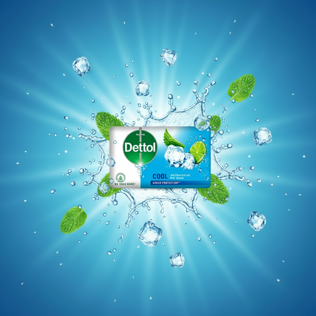 A bottle of DETTOL COOL alcohol-based hand sanitizer with a blue and green label, presented with a 'Cool' tagline and a green icon indicating cooling effect.