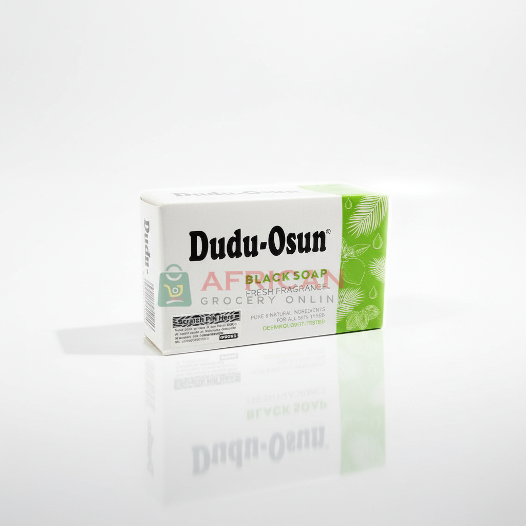 A pack of DUDU OSUN AFRICAN FLAKESPAN bar soap, with packaging that is predominantly white and green, indicating the product is for personal care.