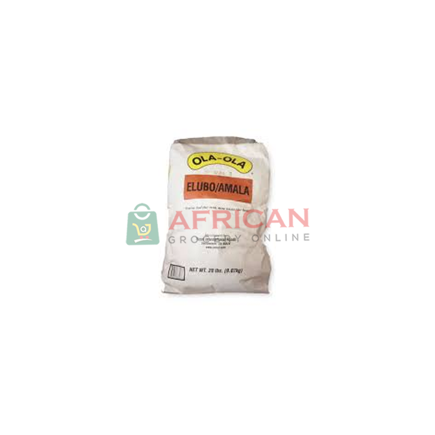 A 20-pound bag of ELUBO yam flour by OLA, packaged in a beige sack with product and brand information labels.