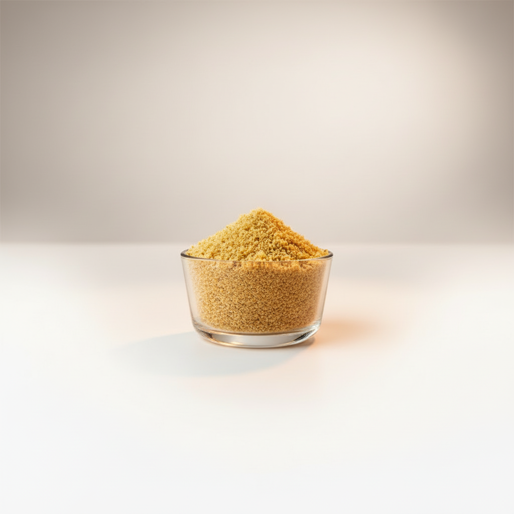 A clear glass container filled with ground egusi seed, with a white background and the text 'African Grocery Online' in the background.
