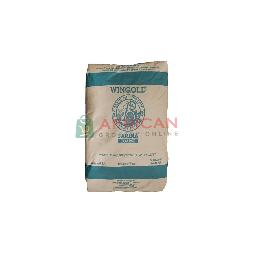 A 50lbs bag of Wingold Farina wheat product, primarily beige in color with brand and product information printed on the label.
