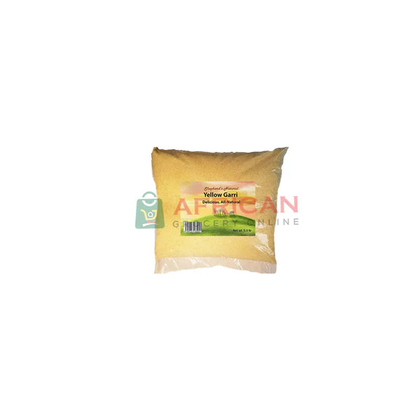 Bag of yellow garri on a white background with a visible brand logo.