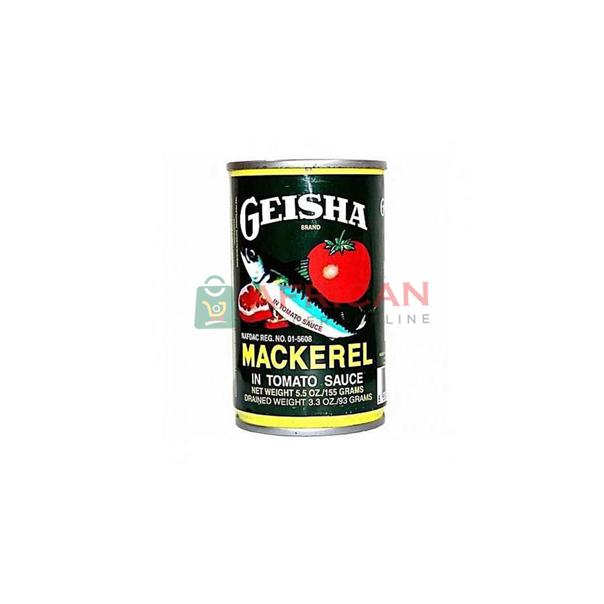 A can of Geisha brand tomato sauce with a picture of a fish and tomatoes on the label.