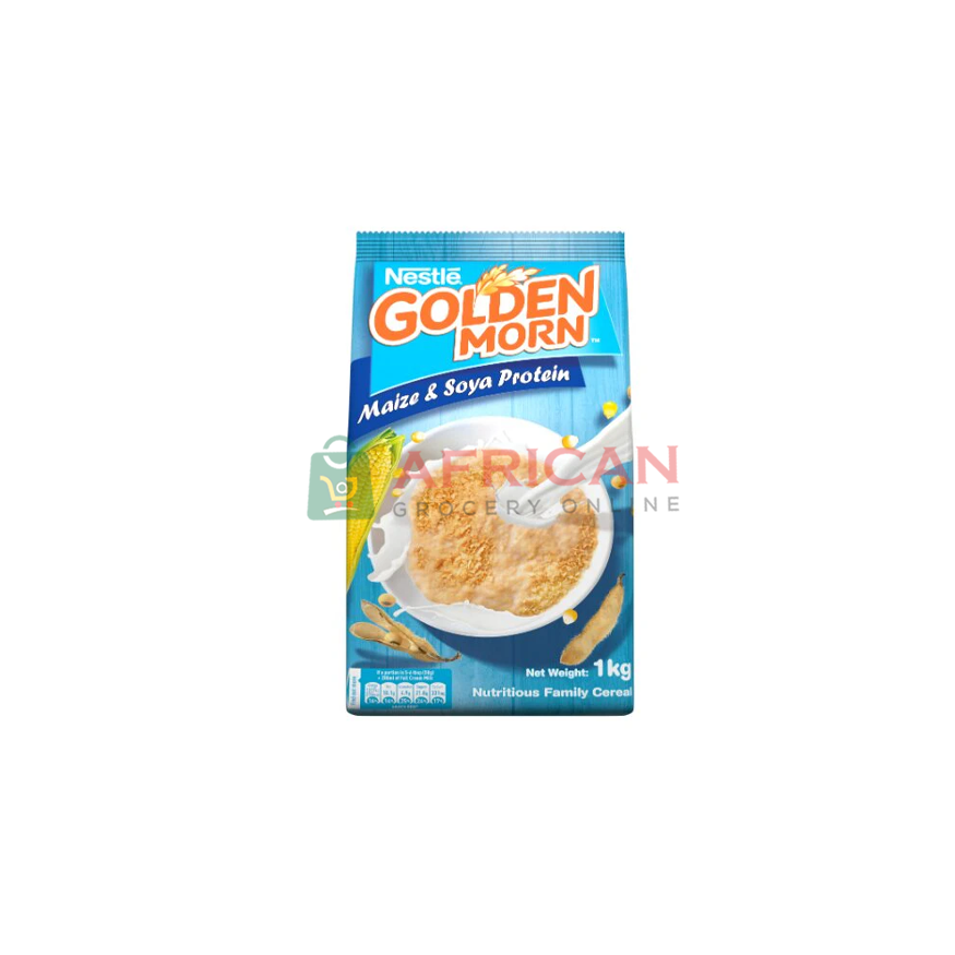 Packaging of GoldenMor soy protein cereal, showing the product in a bowl and the text 'Golden Morning', indicating it is a breakfast cereal.