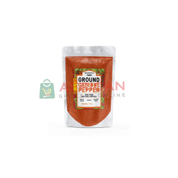 Bag of ground cayenne pepper with a visible brand logo on a white background