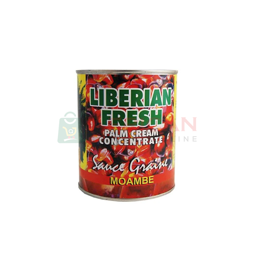 A can of Liberian Fresh Palm Cream Concentrate, also known as Moambe, with a colorful label featuring images of palm fruits and the text 'Palm Cream Concentrate'.