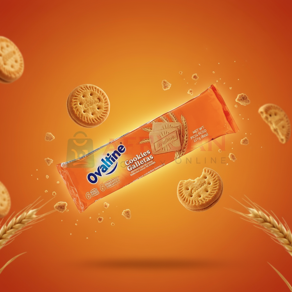A packaged Ovaltine cookie, with the Ovaltine logo and an image of a cookie on the front of the packaging.