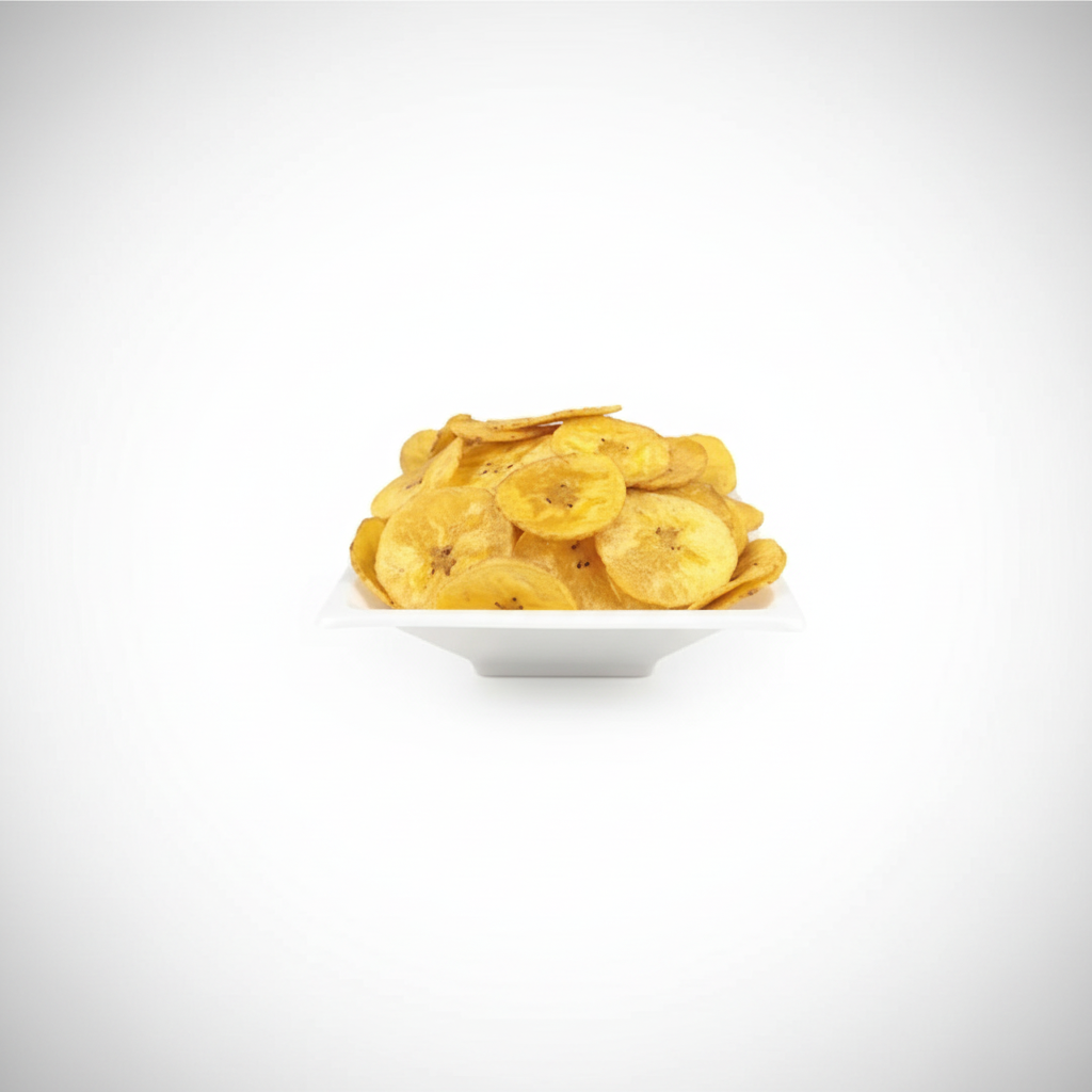 A bowl of BANSI plantain chips on a white background, with the brand's logo visible on the packaging.