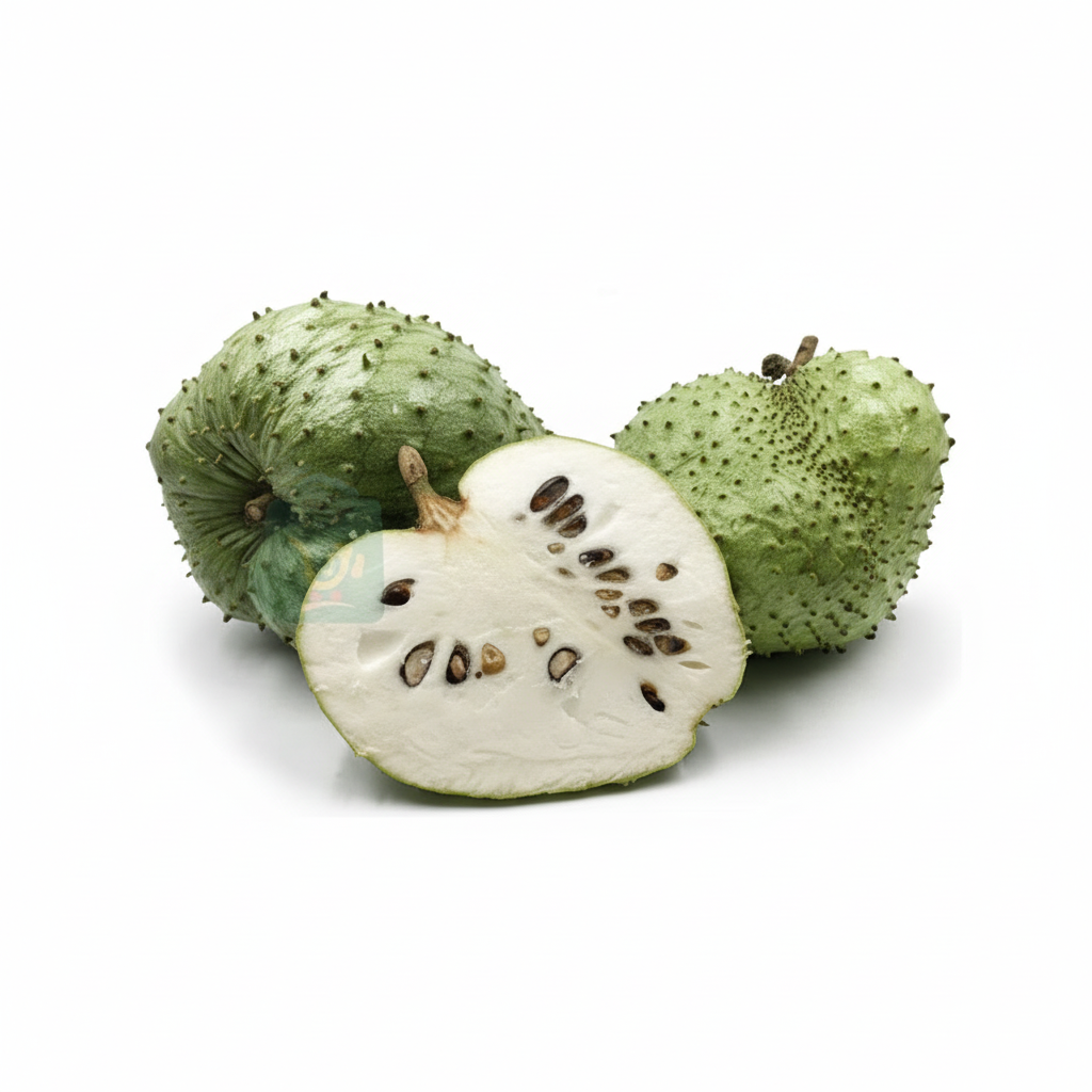 A whole soursop fruit with a few slices cut away to reveal the white flesh and black seeds, against a white background.