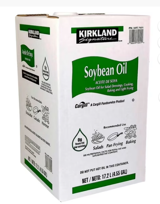 Kirkland Signature Soybean Oil packaging on a white background