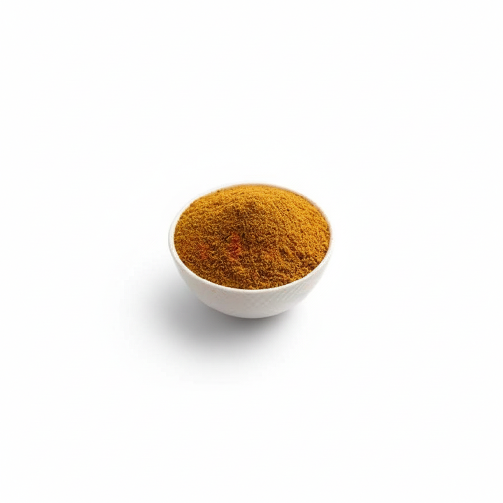 A bowl of suya powder, a dry peanut based spice rub, with a white background and the text 'Grocery Online'.