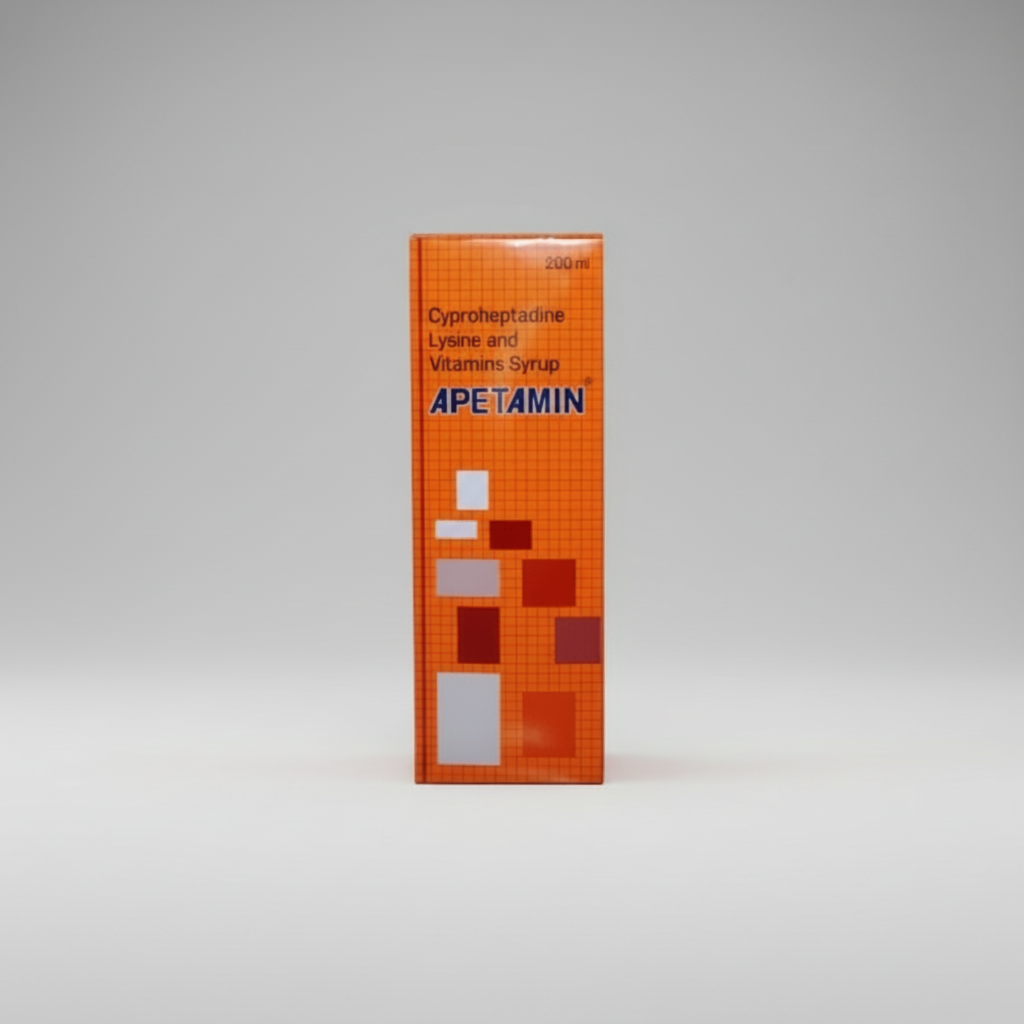 Orange packaging of Apetamin syrup on a white background