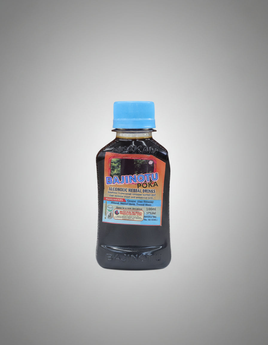 Bottle of Bajinotu Poka alcoholic herbal drink with a blue cap on a red background