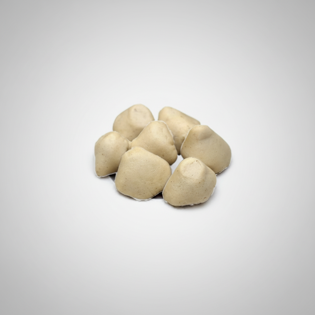 A small pile of banku, which are indigenous fermented meals made from maize or cassava, on a white background.