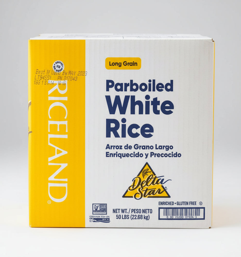 Box of Riceland Parboiled White Rice with yellow and white design