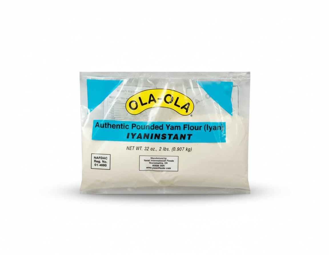 Package of OLA-OLA Authentic Pounded Yam Flour on a white background