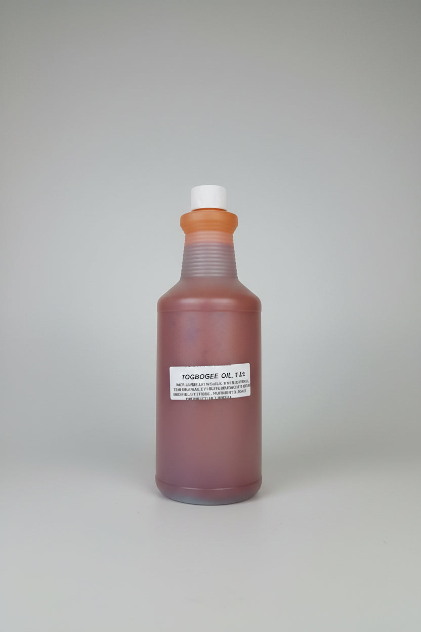 A plastic bottle of Torrance Oil with a white cap and a white label, containing reddish-brown oil, shown against a white background.
