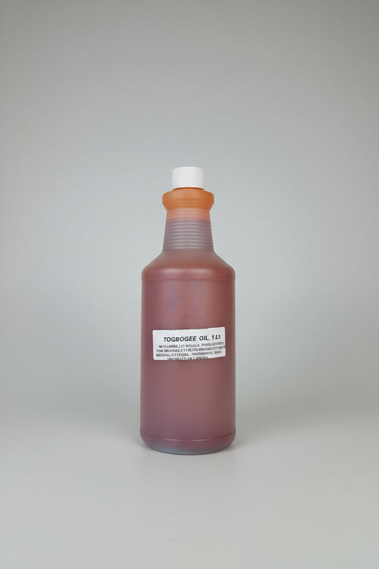 A plastic bottle of Torrance Oil with a white cap and a white label, containing reddish-brown oil, shown against a white background.