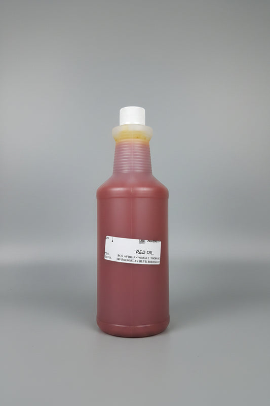 A translucent reddish-brown bottle with a white cap and a white label reading '6EO Oil', photographed against a light gray background.