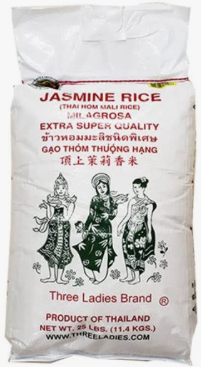 Bag of Three Ladies Brand jasmine rice with Thai illustrations on a white background