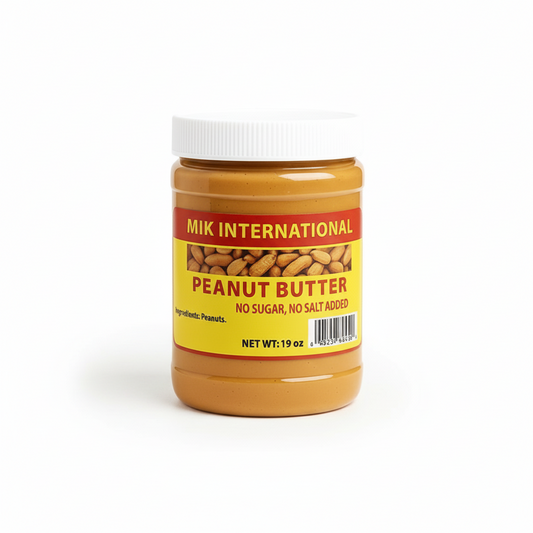 Jar of Mik International peanut butter on a white background