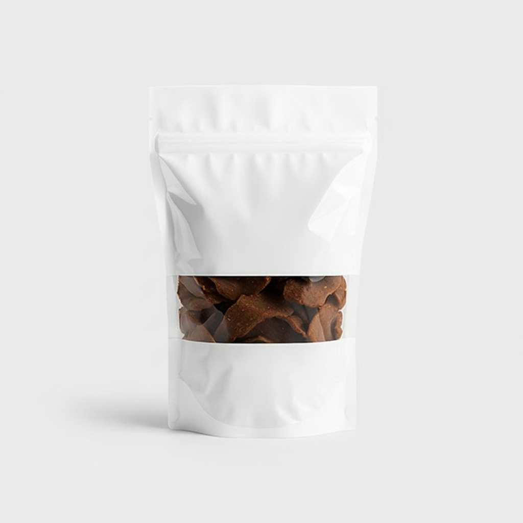 White stand-up pouch with clear window displaying brown dog treats on a white background