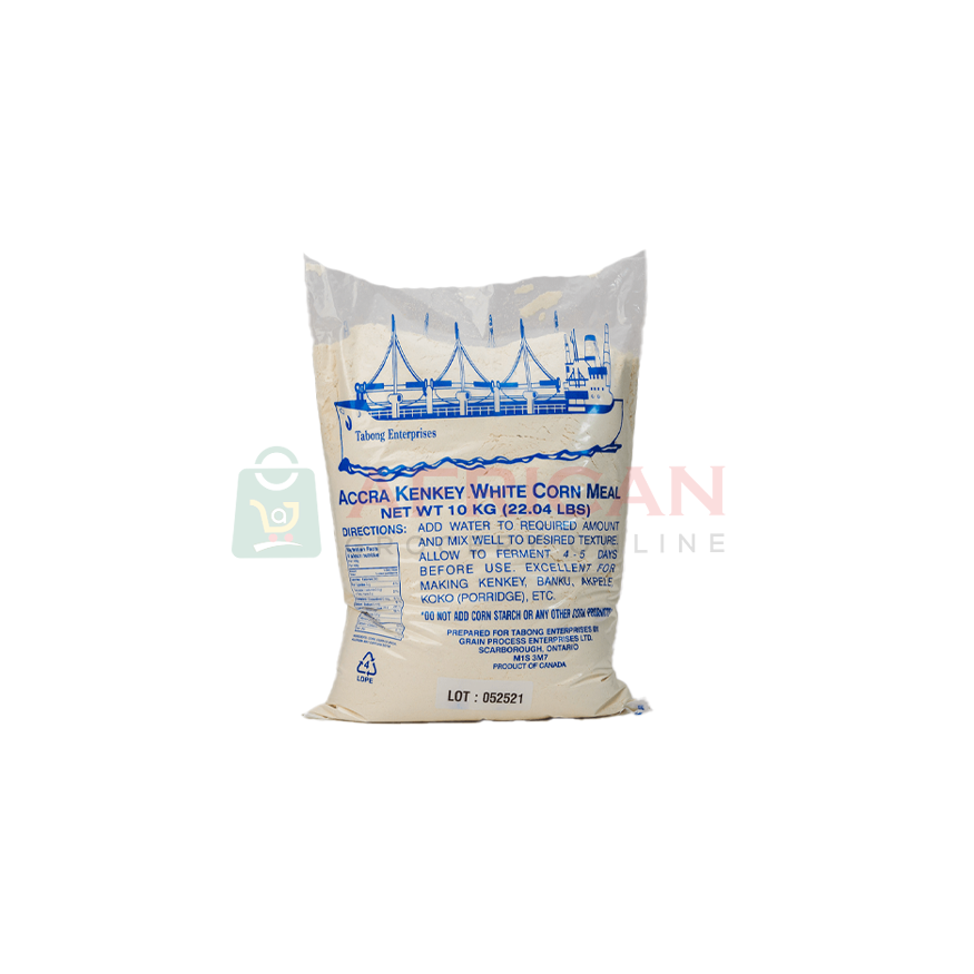 A 22-pound bag of Accra white cornmeal, with branding and product information displayed on the label.