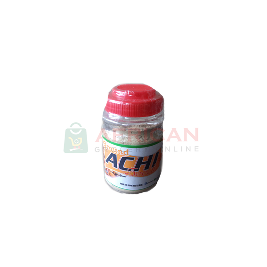 A plastic jar of ACHI seed powder with a red lid, labelled as a product of Nigeria.