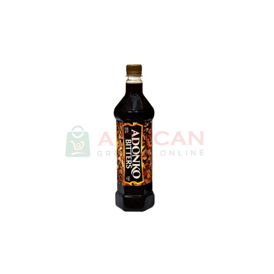 A bottle of Adonko liquid natural supplement, with a dark label and a cap on top.