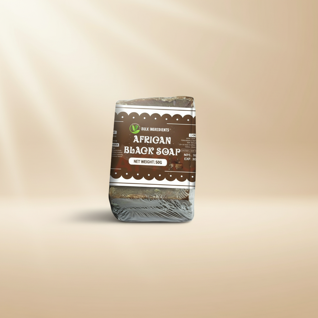 A bar of African black soap, packaged in a brown and white wrapper with the text 'African Craft Black Soap' and 'Blaksap' visible.