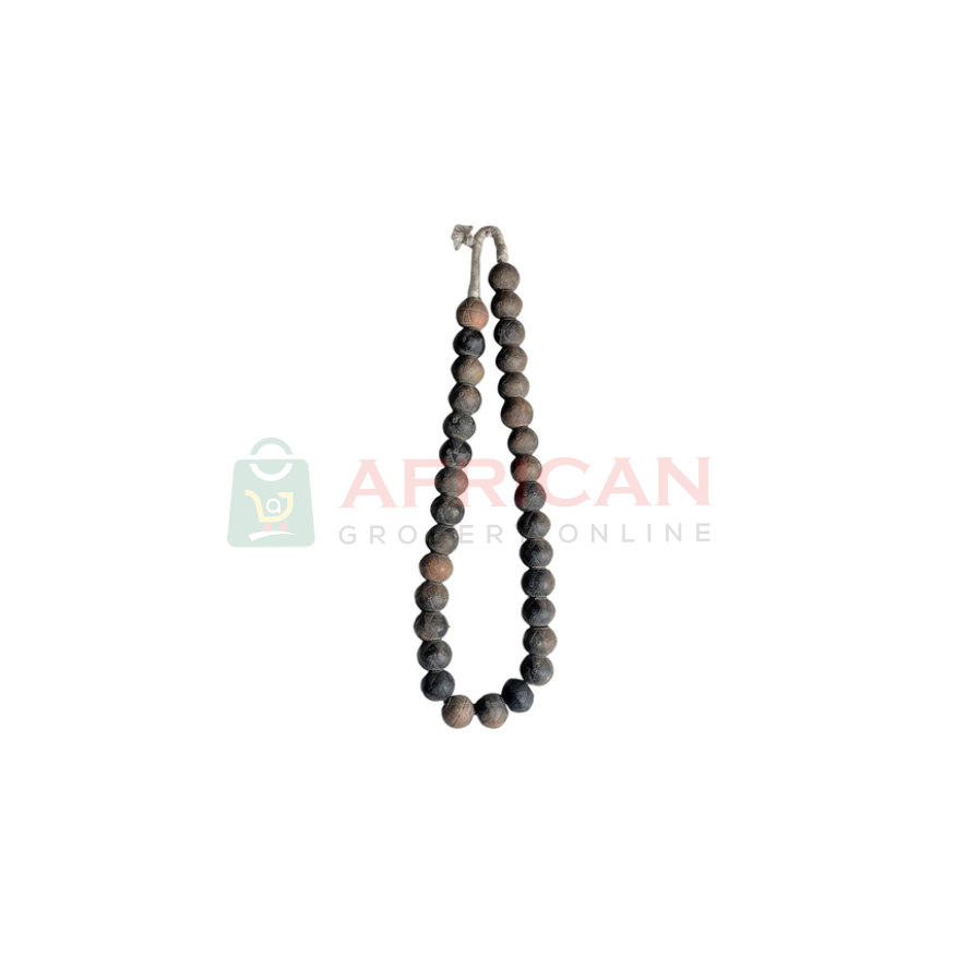 A beaded necklace with a combination of dark and light beads, possibly made of wood or plastic, branded by AFRICAN.