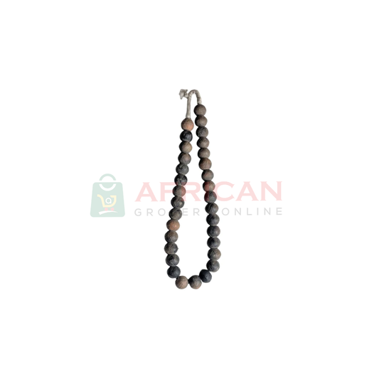 A beaded necklace with a combination of dark and light beads, possibly made of wood or plastic, branded by AFRICAN.