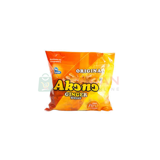 A pack of AKANO Ginger candy in a bright orange bag with a clear display of the product name and flavor.