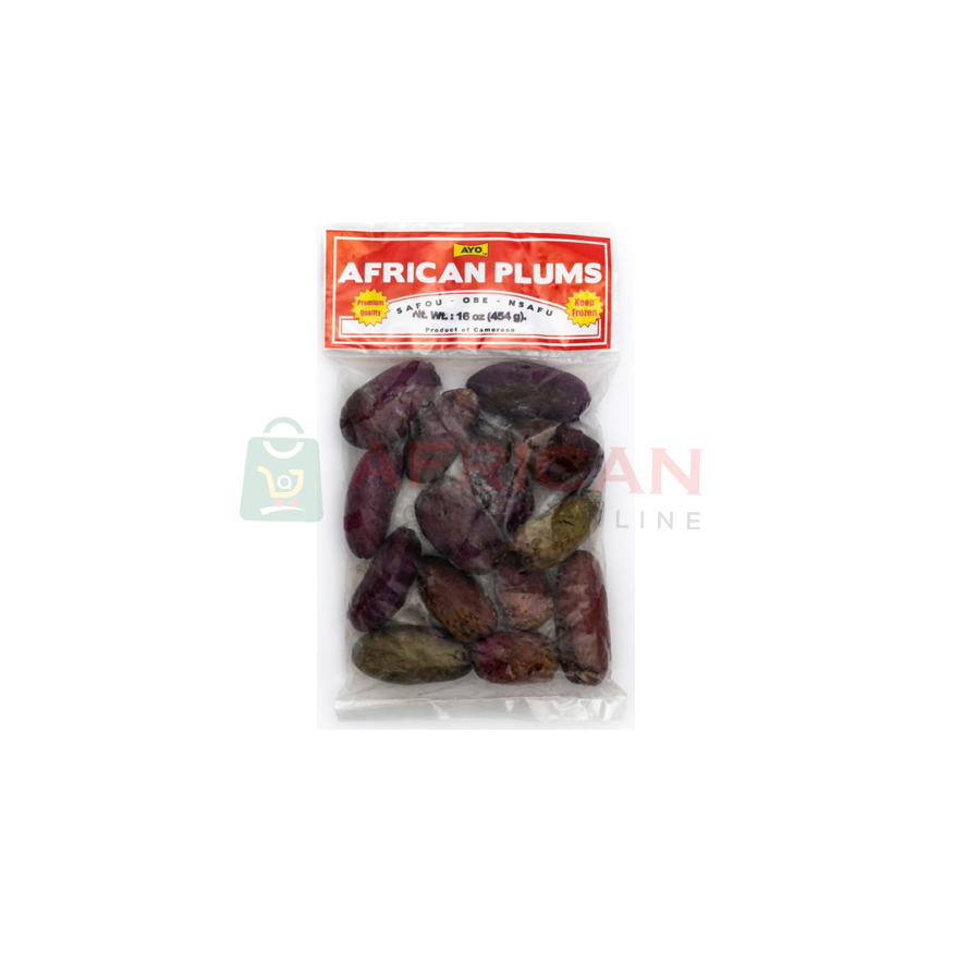 Pack of dried African plums in a clear plastic bag with a red and white label that reads 'African Plums' and 'Dried African Plums'.