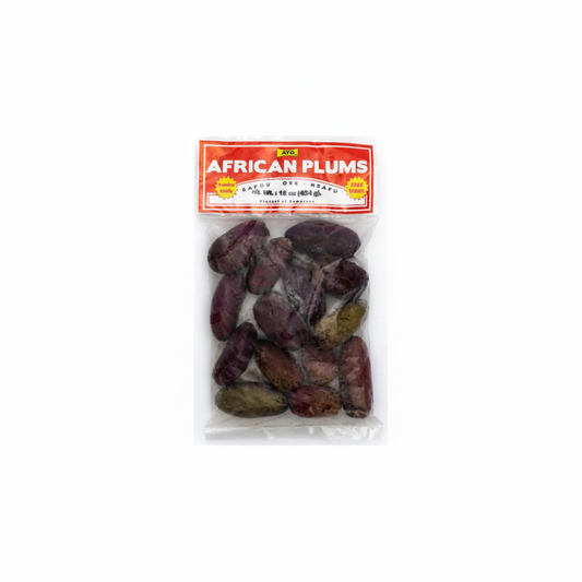 Pack of dried African plums in a clear plastic bag with a red and white label that reads 'African Plums' and 'Dried African Plums'.