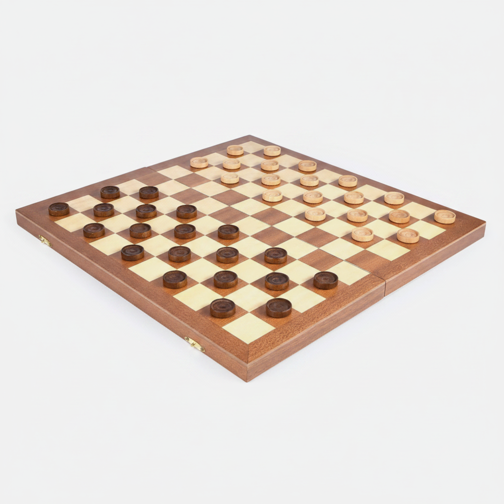Wooden checkers board with pieces and measurements on a white background