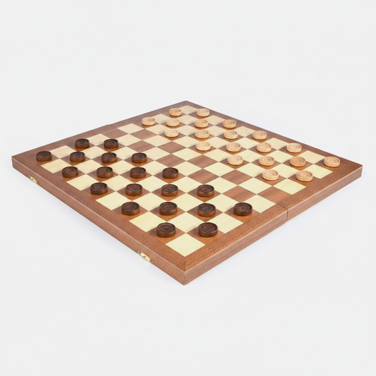 Wooden checkers board with pieces and measurements on a white background