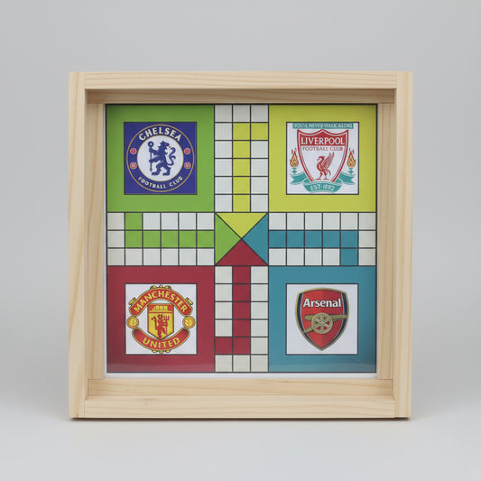 Board game with football club logos on a wooden frame