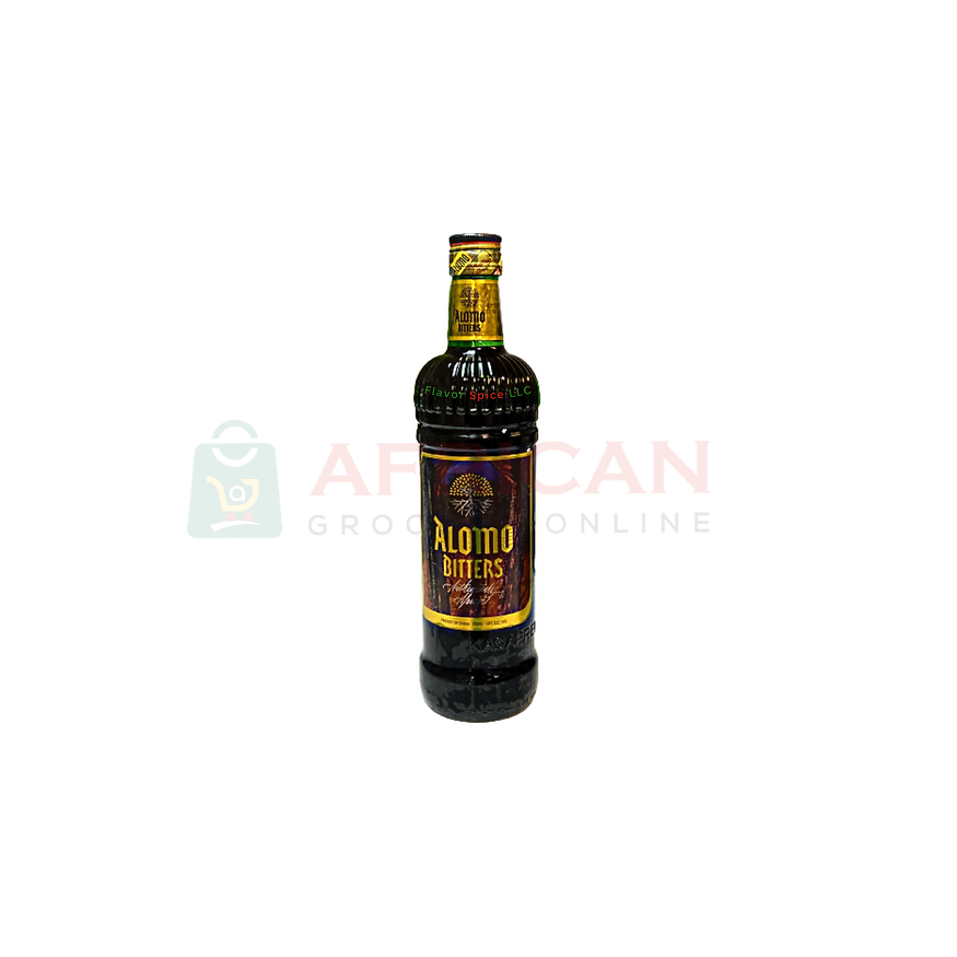A bottle of Alomo Bitters with a label that includes the brand name and the word 'GHANA'.